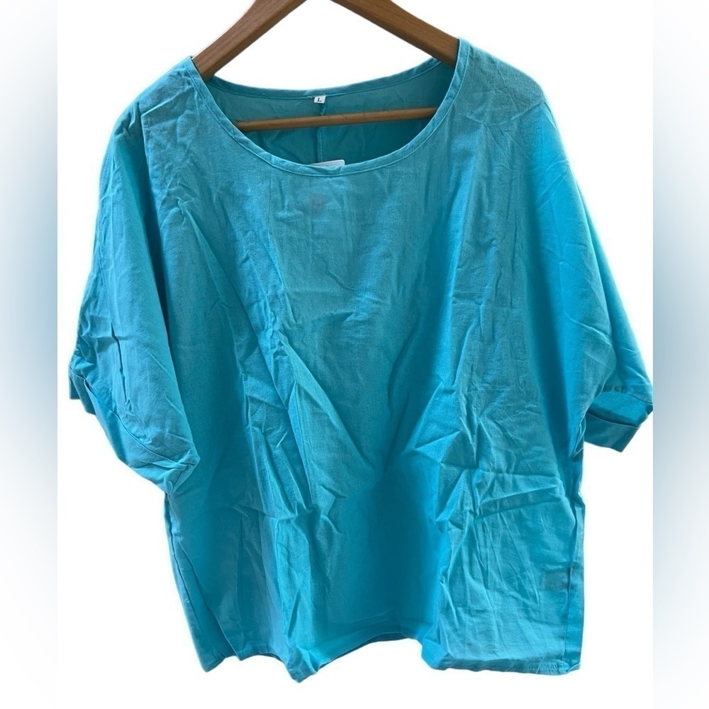 NWT oversized blue cotton polyester blend scoop neck shirt blouse size Large